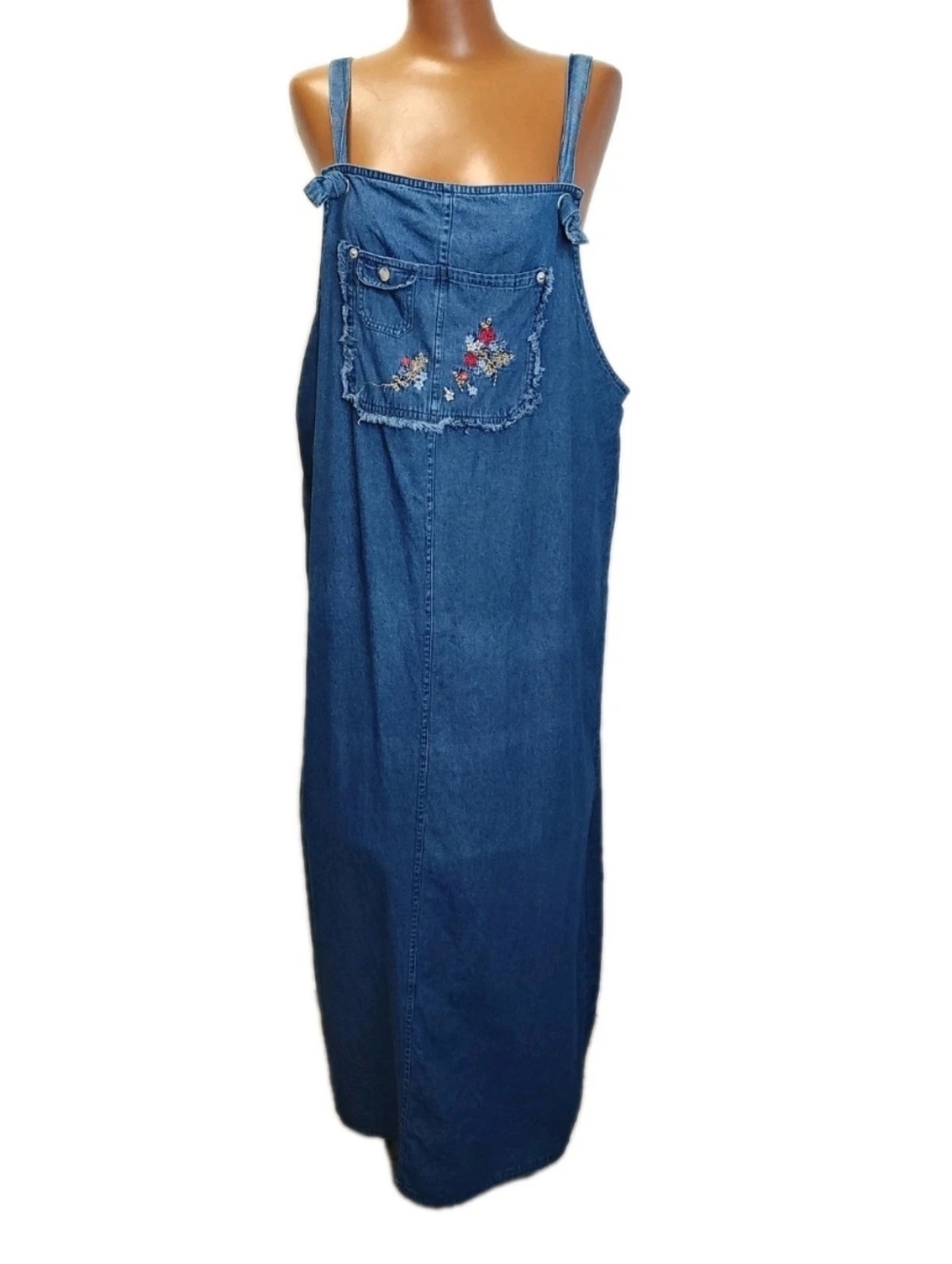 Vtg Lagenlook Overall Maxi Long Dress Sz XL Blue Chambray Floral Cottage Teacher